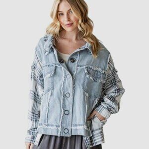 OLI & HALI Plaid Contrast Mixed Mineral Wash Boho Relaxed Fit Denim Jacket XL
